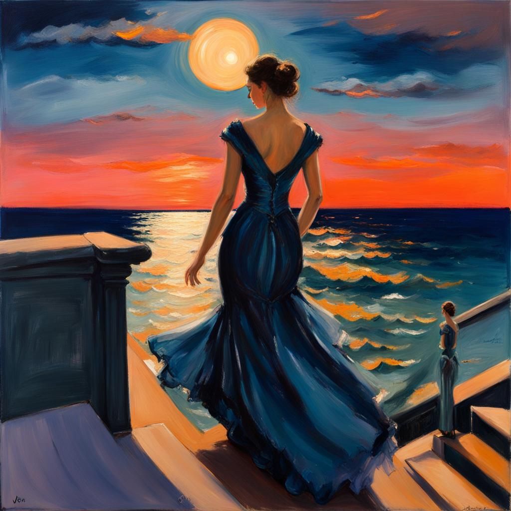 Girl Descending to Sea at Sunset: Dreamlike Painting