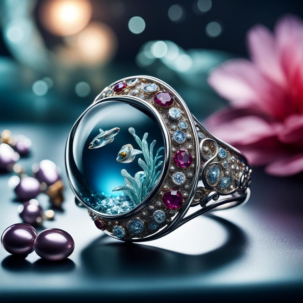Aquarium Jewelry with Gems, Hyperrealistic Detail