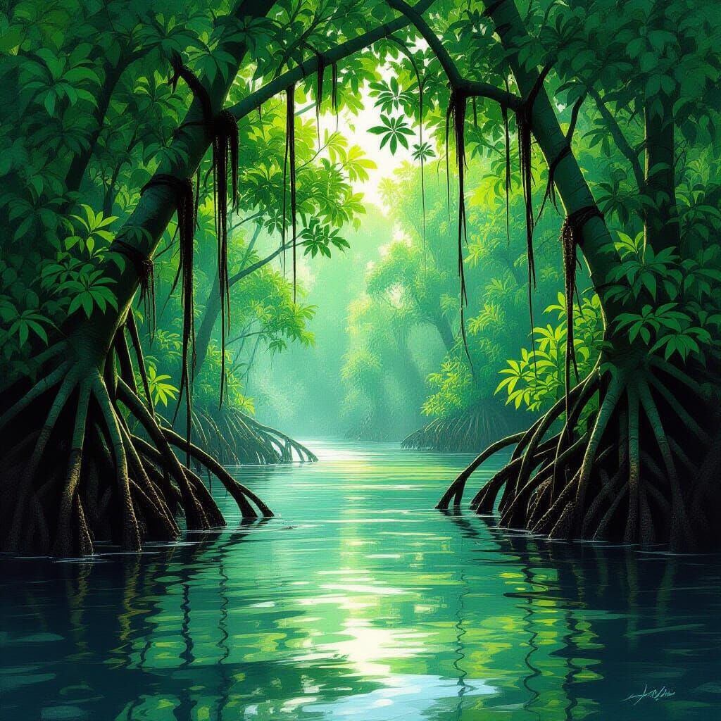 Lush Mangrove Forest Digital Painting with Dappled Sunlight