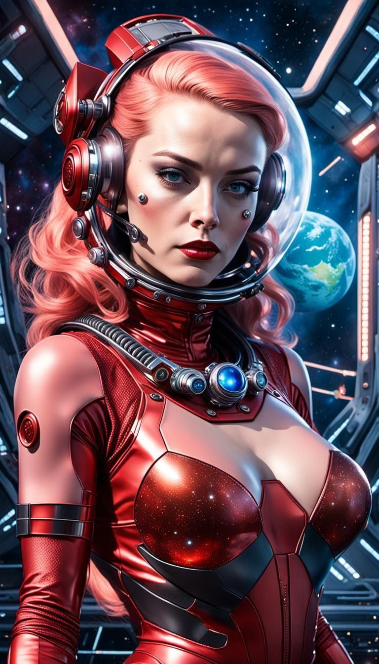 Photorealistic Space Girl in Red Rubber Suit