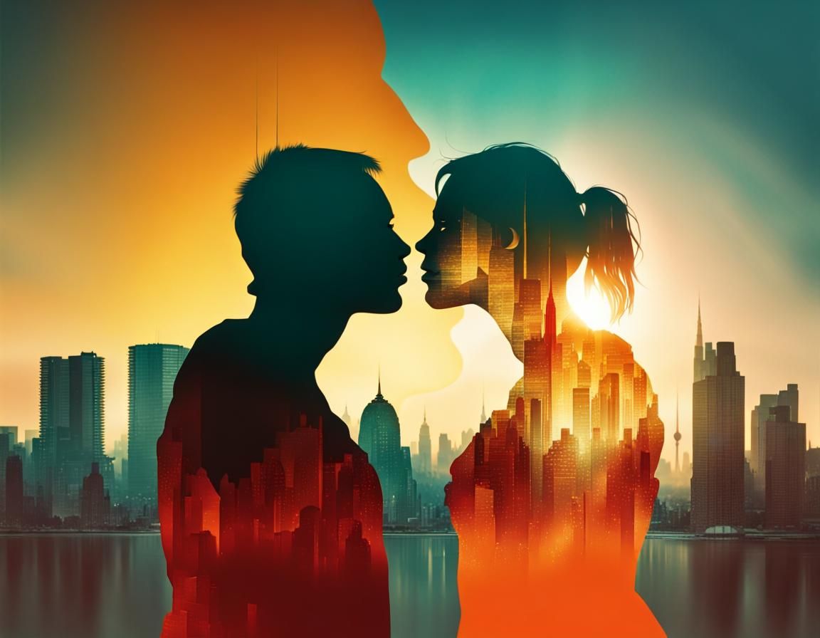 Kissing Couple Cityscape Double Exposure in Golden Hour