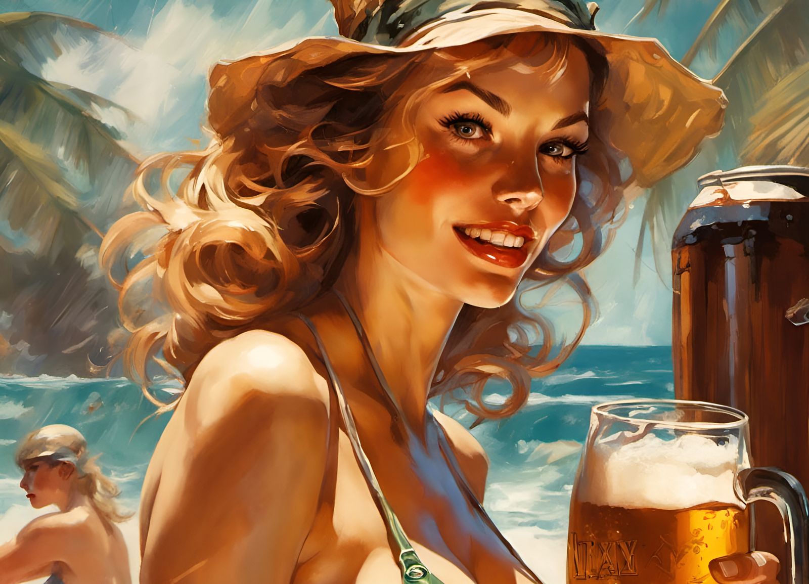 Glamorous Woman in Bikini with Beer, Pin-Up Style