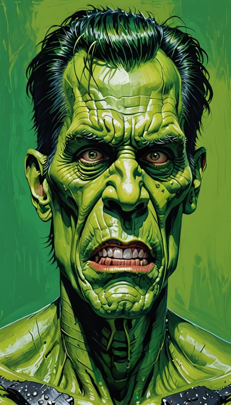 Jim Carrey ( sometimes Abe Lincoln ) as Frankenstein's Monster,  he has a green complexion