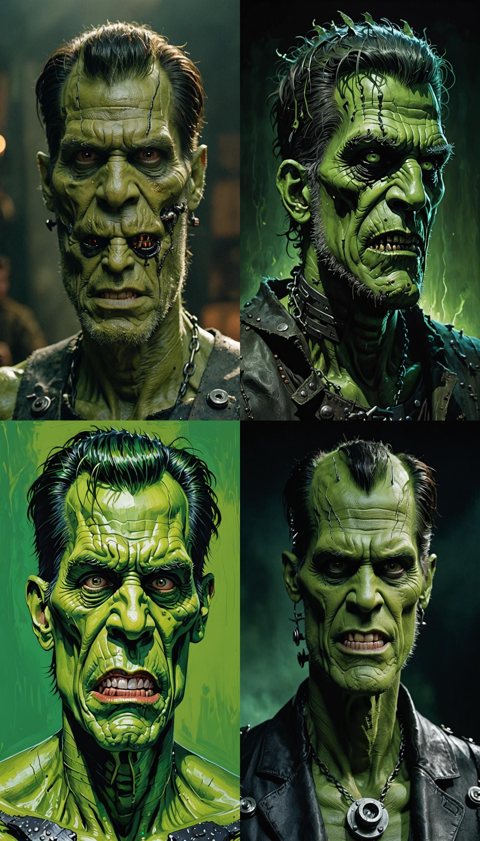 Jim Carrey ( sometimes Abe Lincoln ) as Frankenstein's Monster,  he has a green complexion