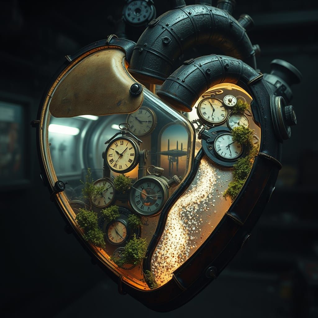Massive Rusted Robot Heart in Ancient Lab
