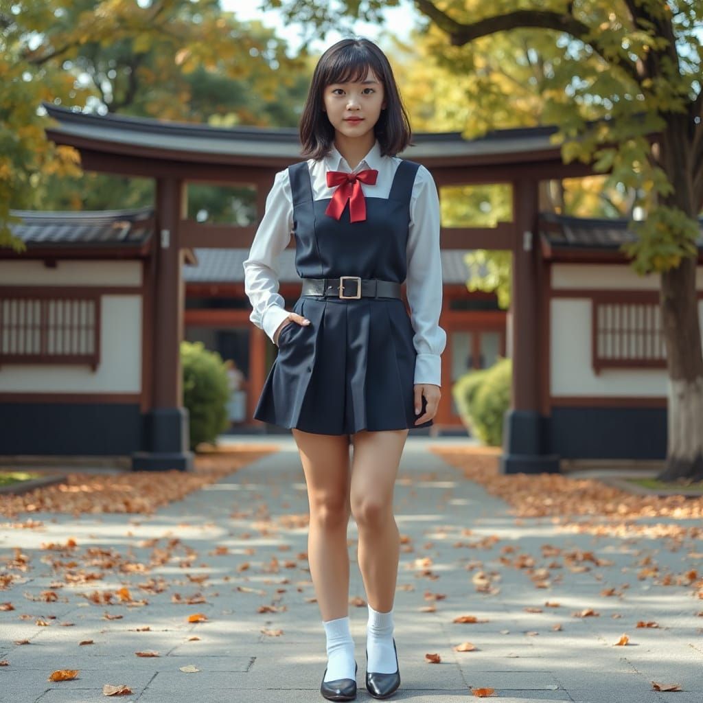 Kaori in Japanese Uniform at Autumn Shrine