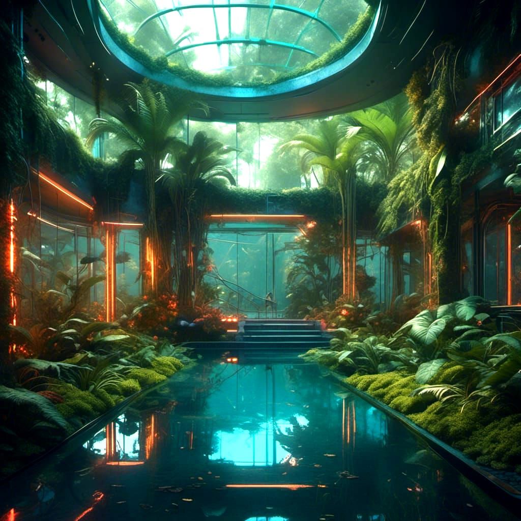 Cyberpunk indoor garden pool