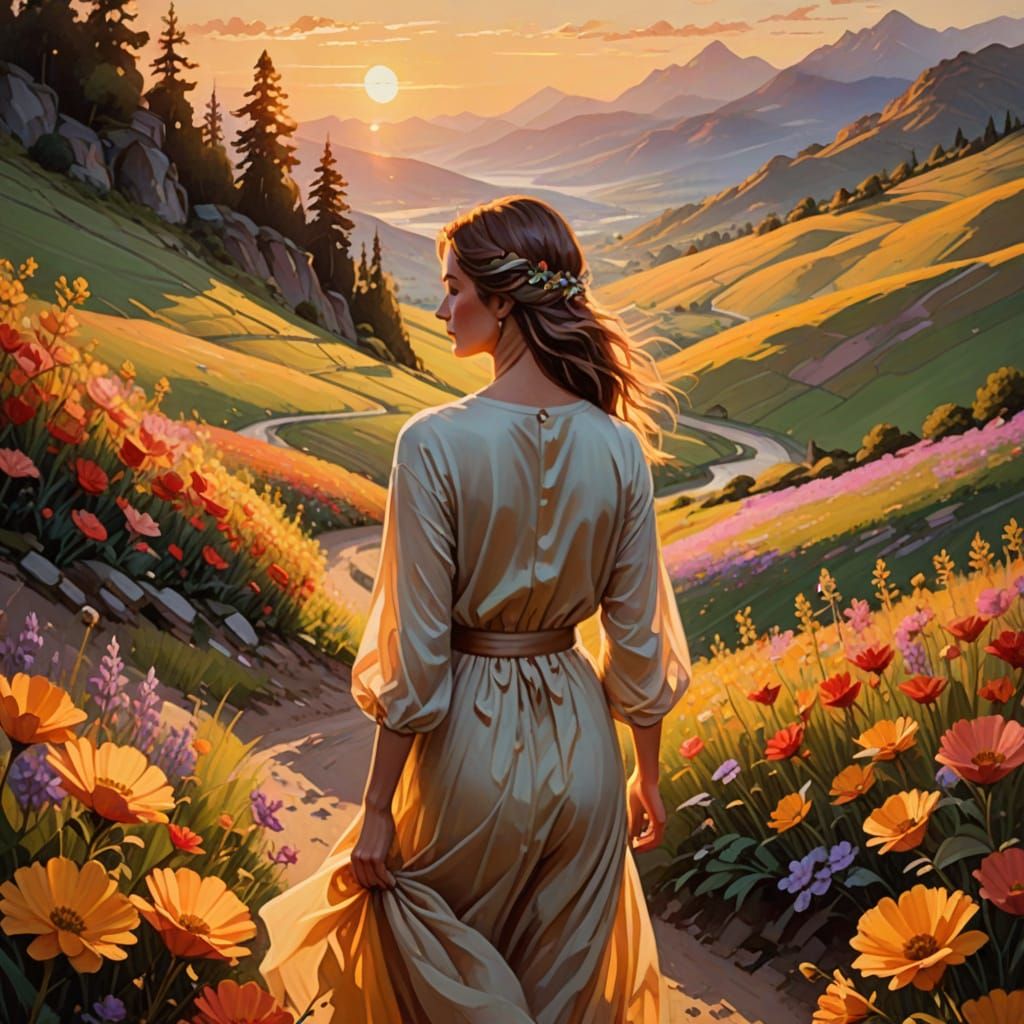Woman Embarks on a Serene Journey through Vibrant Wildflower...