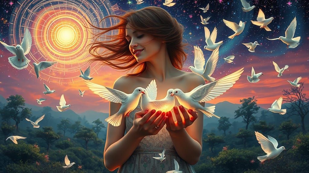 Psychedelic Utopia with Doves, in Hieronymus Bosch Style