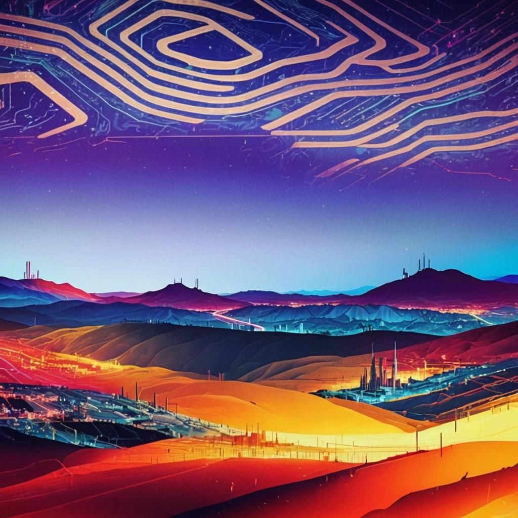 Surreal Circuitry Landscape with Glitched Architecture