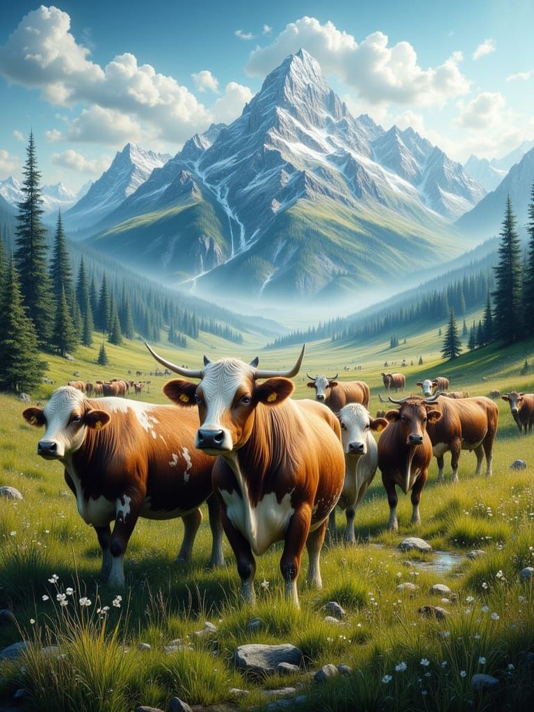 Cows Grazing in Sunlit Valley with Mountain Peaks