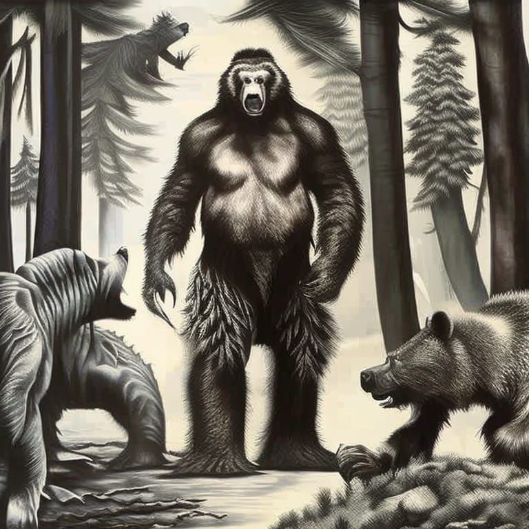 a bigfoot creature & a grizzly bear ferociously fighting in ...