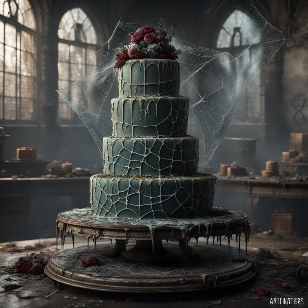 Dystopian Decaying Wedding Cake with Cobwebs