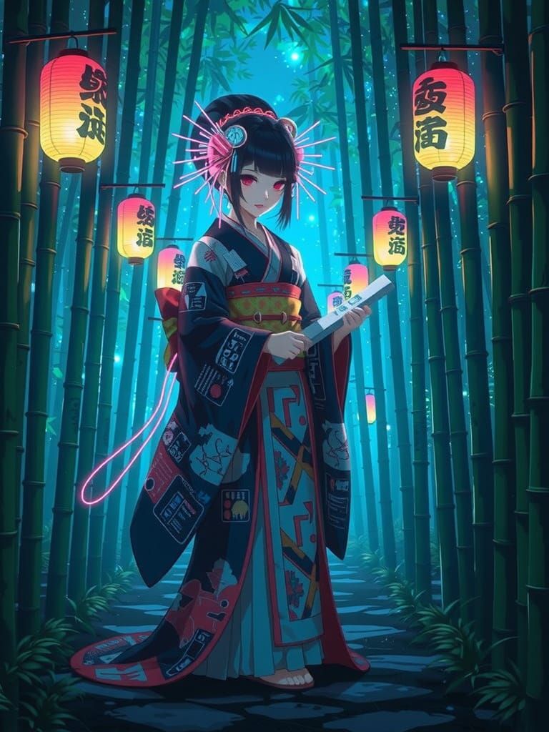 Cyberpunk Shrine Maiden in Neon Bamboo Forest