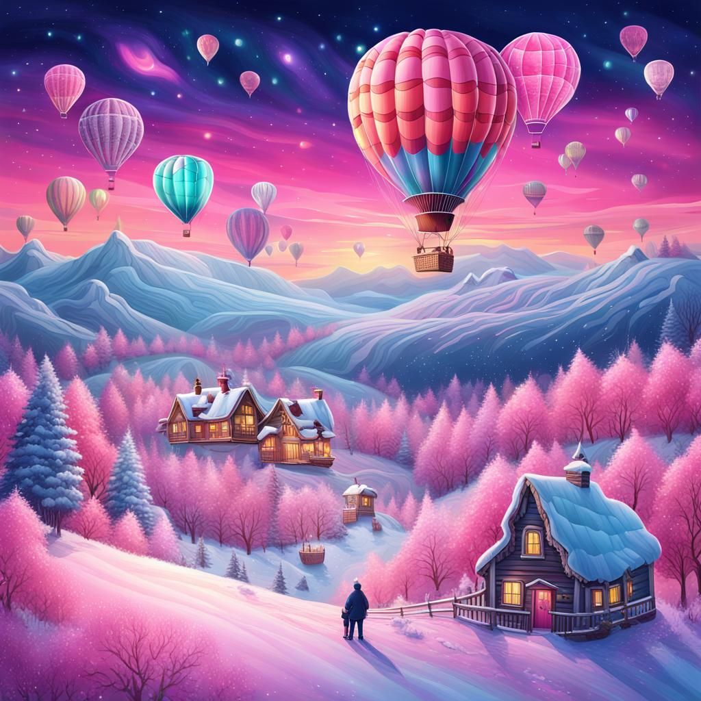 Pink Hot Air Balloon Over Winter Aurora, Candy Art