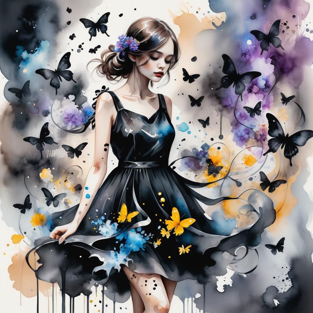 Girl in Watercolour Black with Butterflies
