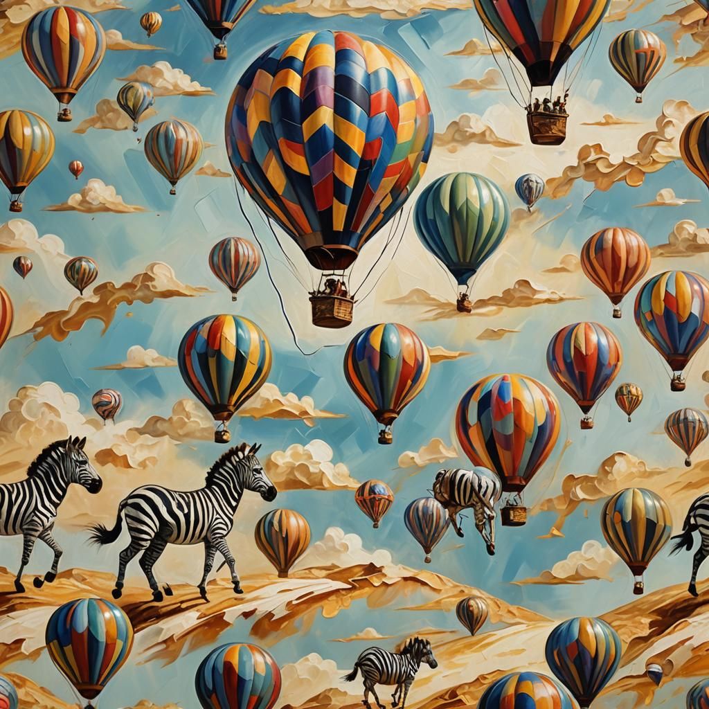 Zebras in a Hot Air Balloon: Surreal Desert Dream