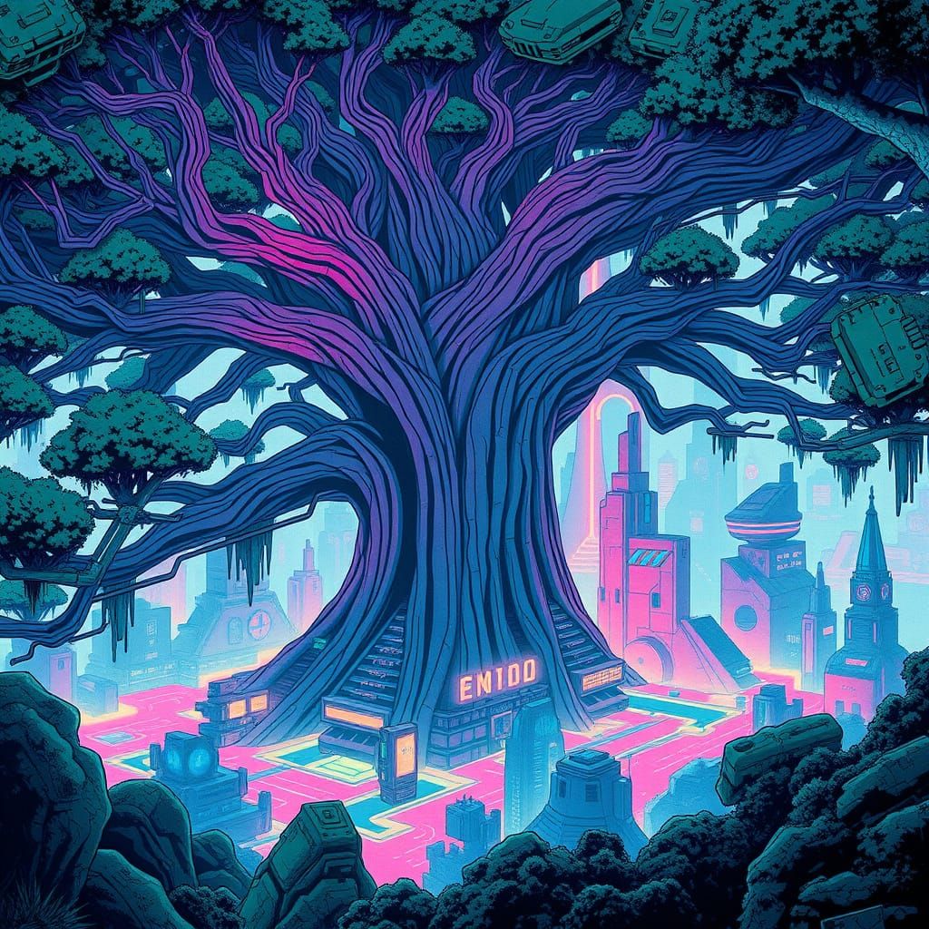 Cyberpunk City within a Sequoia Tree