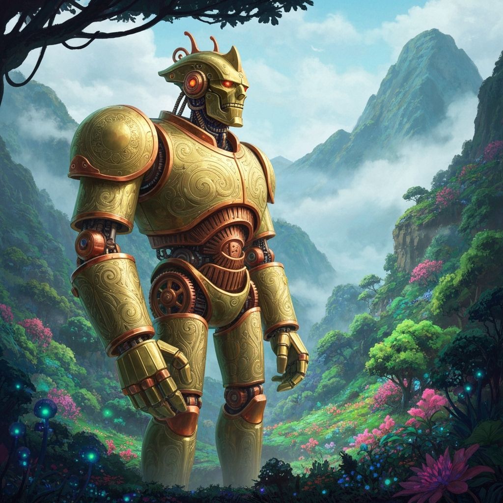 Brass Golem Guards Bioluminescent Valley, Art Nouveau