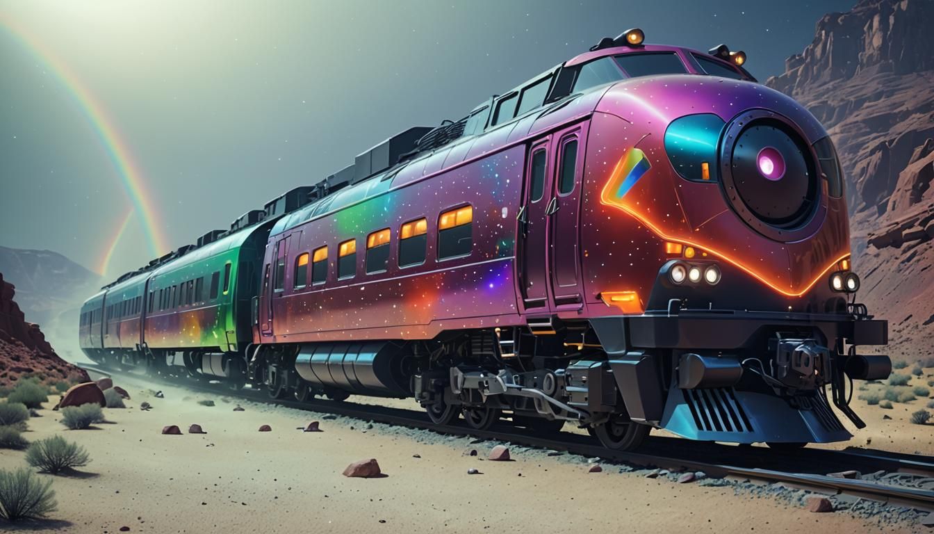 Futuristic Neon Train Car in Desert Landscape