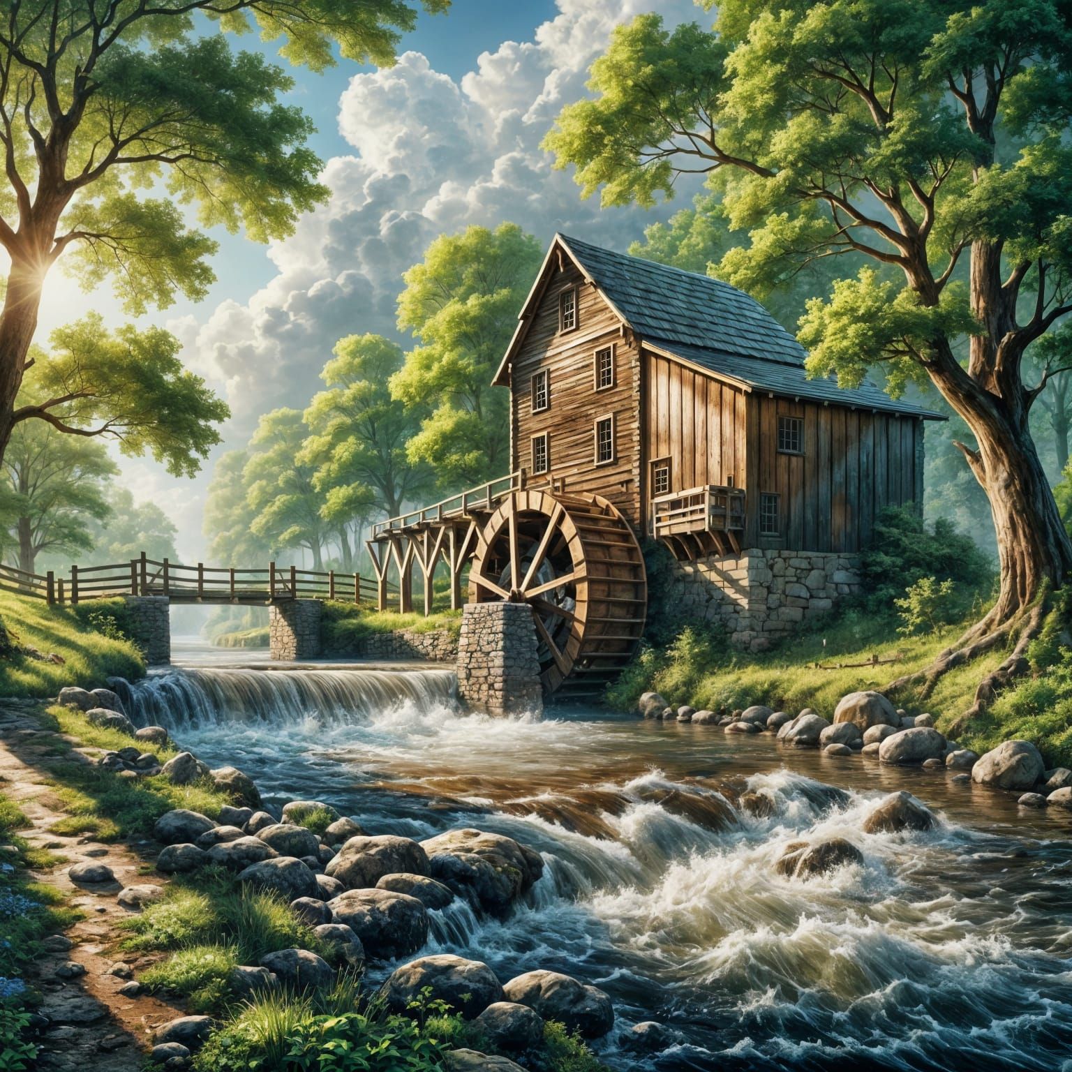 Idyllic Watermill Scene in a Peaceful Countryside Setting