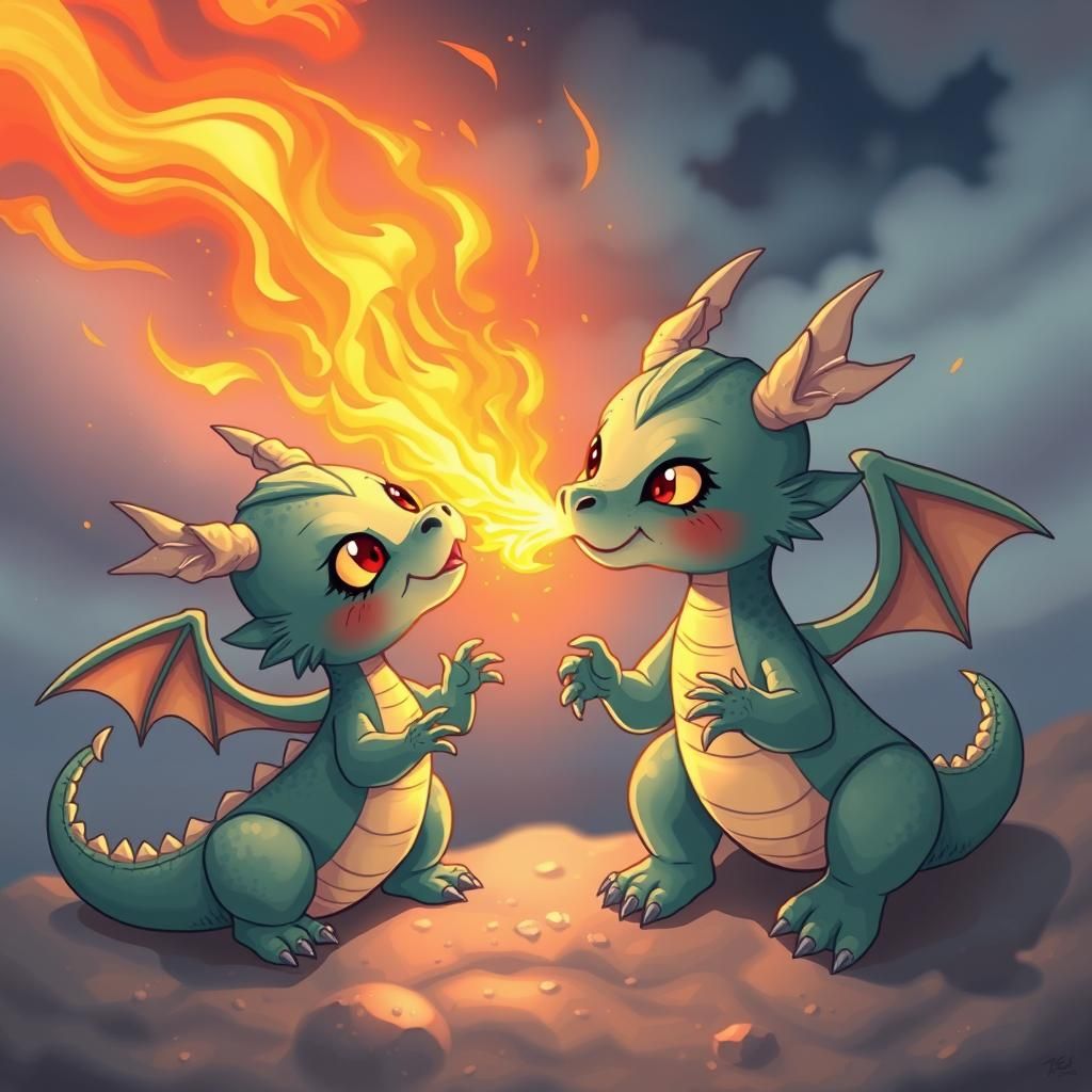 Cute baby dragons breathing fire