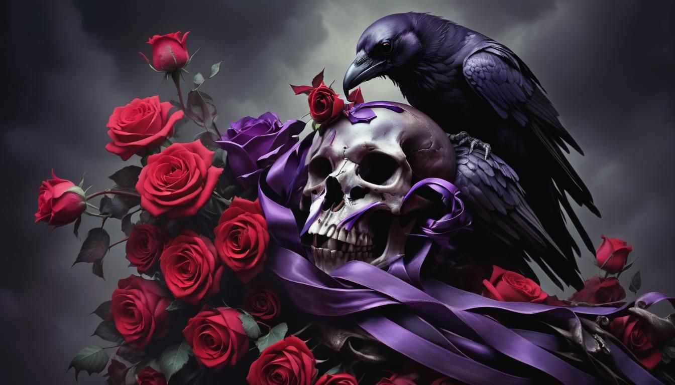 Purple Raven on Skull Digital Illustration