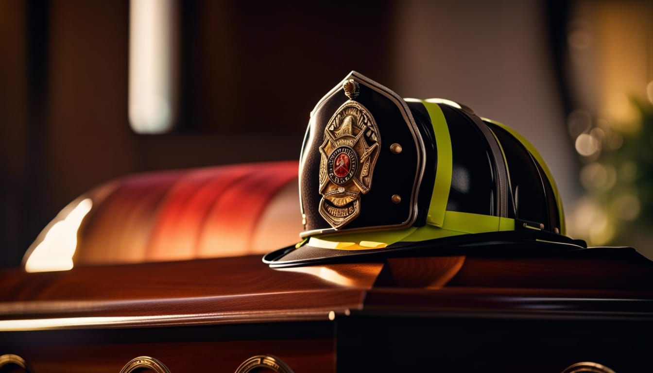 Firefighter Funeral with Helmet on Casket