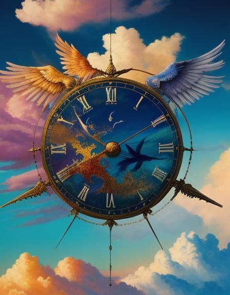 Surreal Clockwork Angel Soaring in Dreamlike Sky