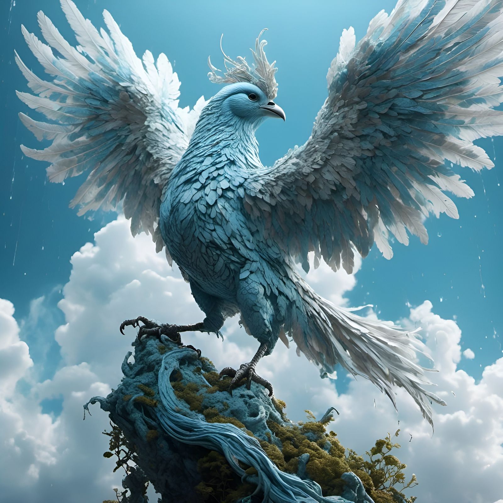 Pastel Sky-Blue Mythical Bird of White Moss