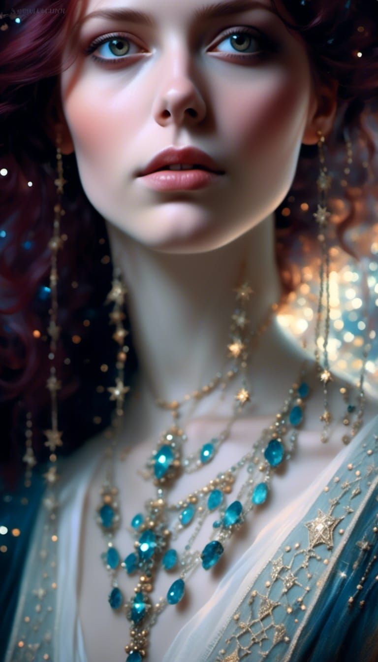 Woman in Starry Headscarf: Hyperrealistic Fantasy Portrait