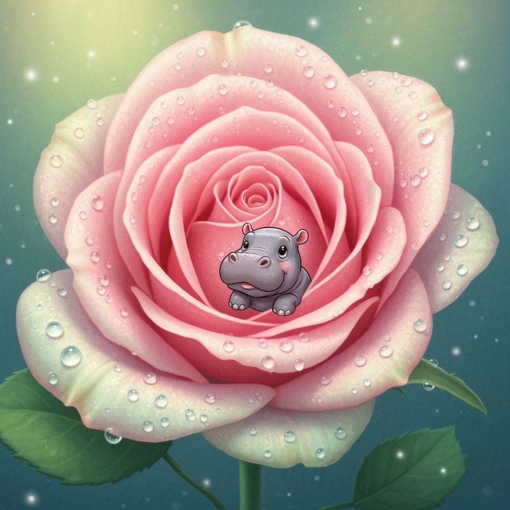 Tiny Hippo in Giant Rose: Enchanting Storybook Illustration