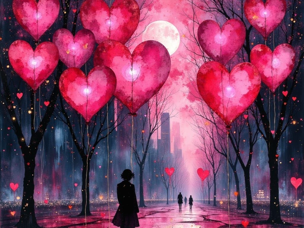 Valentine's Cityscape with Heart Balloons and Whimsical Crea...