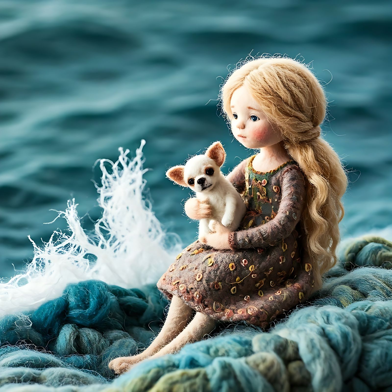 Thoughtful Blond Girl with Chihuahua on Embroidered Dress, W...