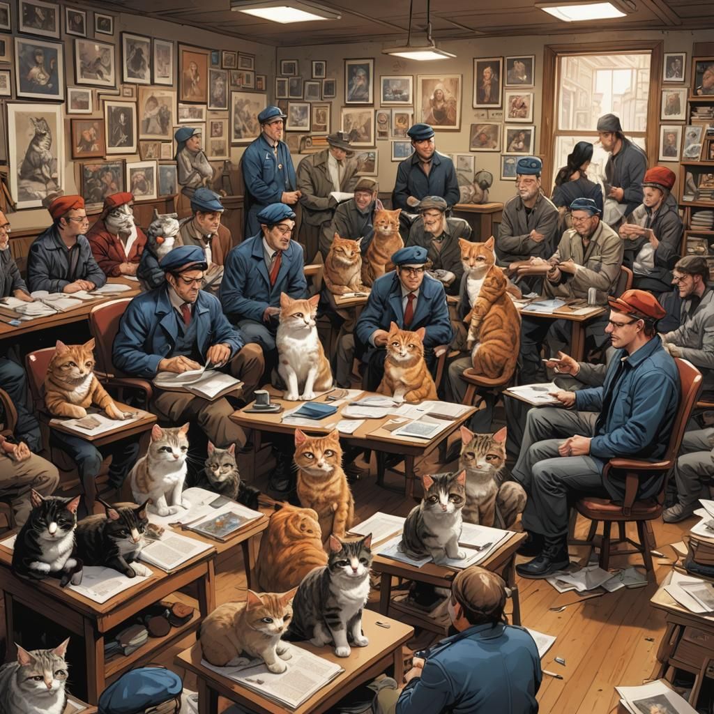 A room full of cats trying to hold a sophisticated art criti...