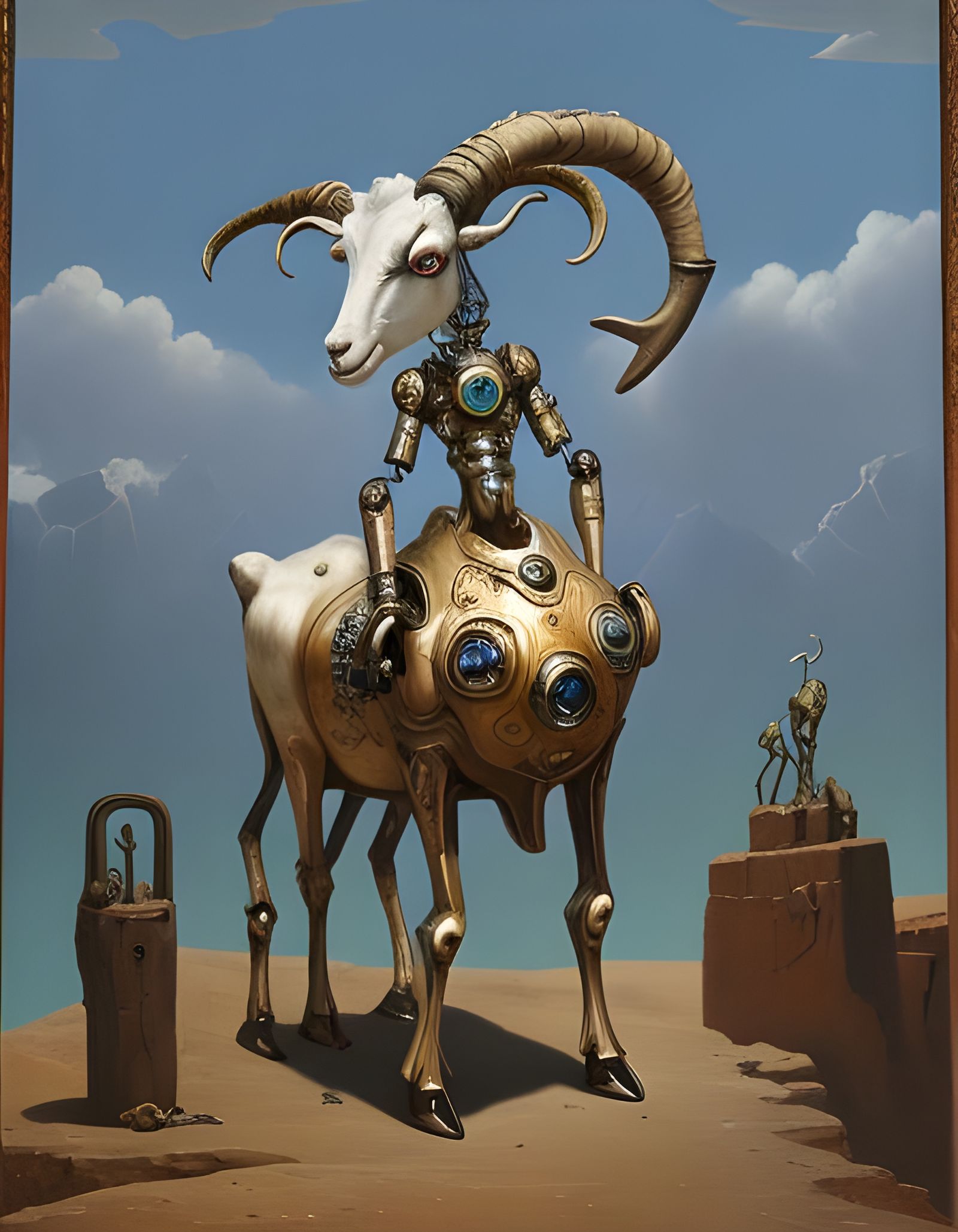 Surreal Clockwork Goat Robot, Salvador Dali Style