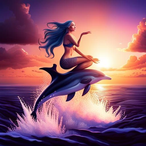 Mermaid on Dolphin at Sunset: 3D Render