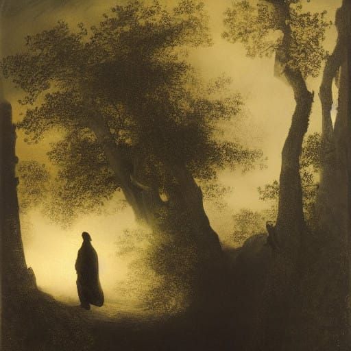 Dreamlike Forest Scene in Bold Chiaroscuro Style