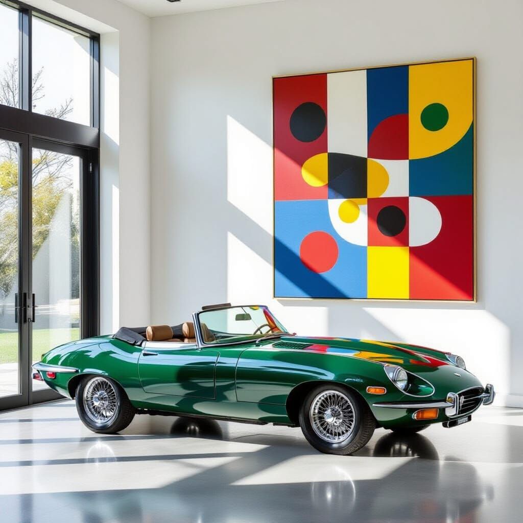 Vintage Jaguar Roadster Art in Modern Living Room