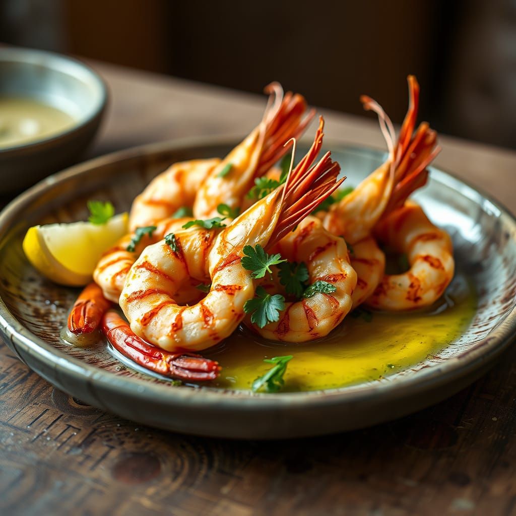 Gourmet Prawns on Rustic Plate with Lemon Butter