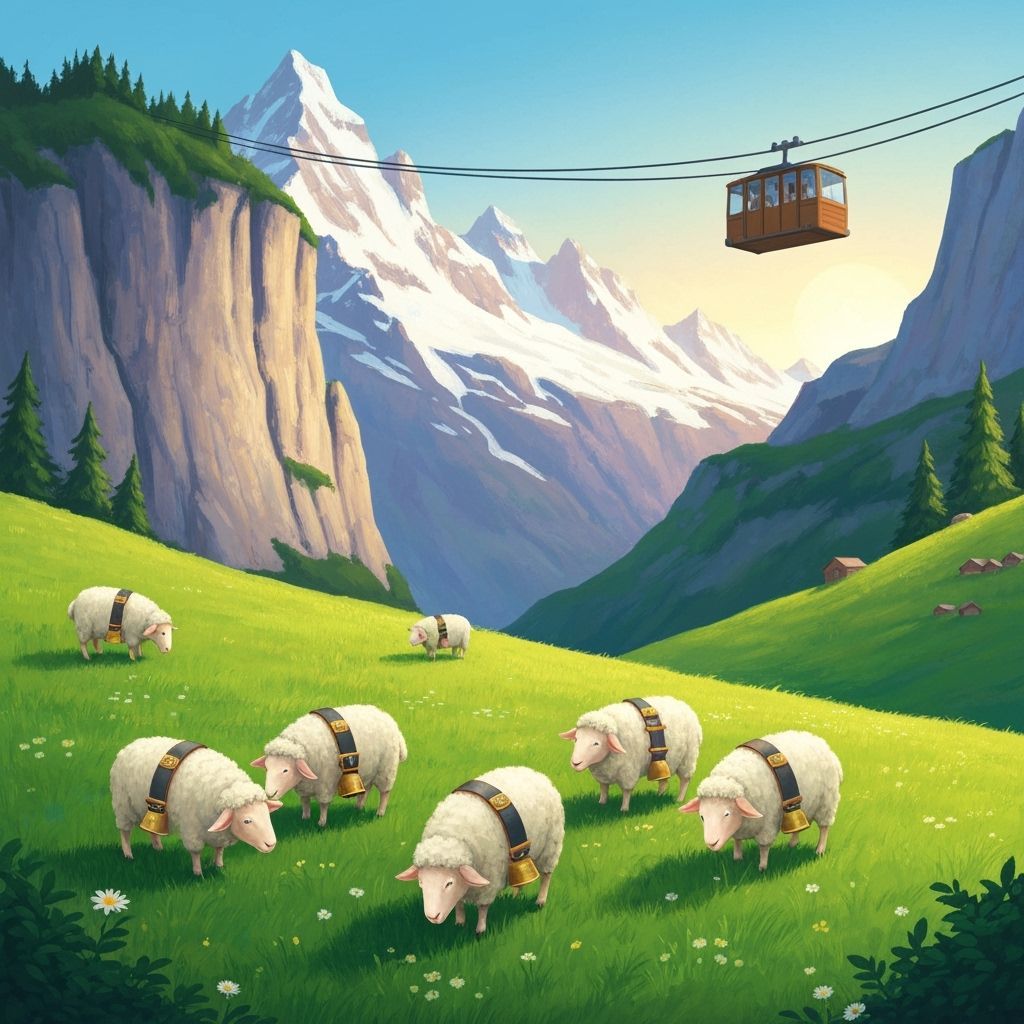 Whimsical Sheep Grazing in Swiss Alps Meadow
