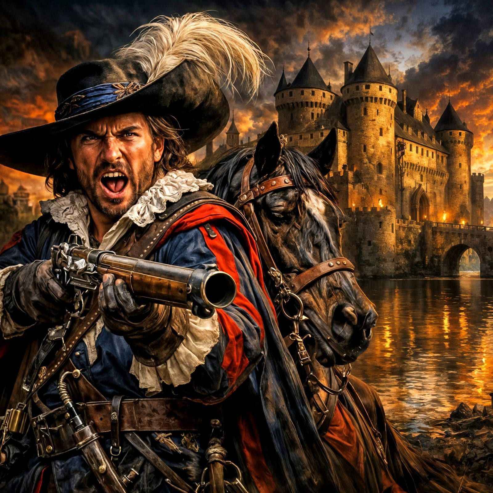 French Musketeer with Musket and Horse, Castle Background