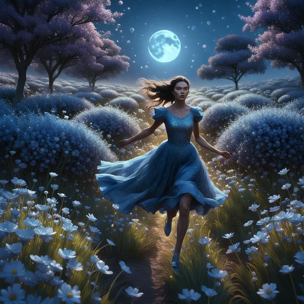 Girl Runs Through Sparkling Flower Field