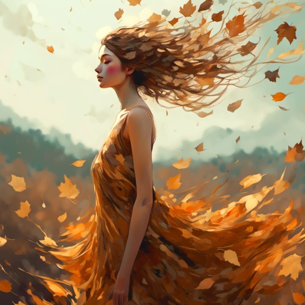 Autumnal Girl in Wind: Surreal Liquid Art