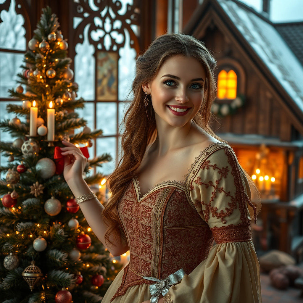 Medieval Woman Decorating Christmas Tree in Hyperrealism