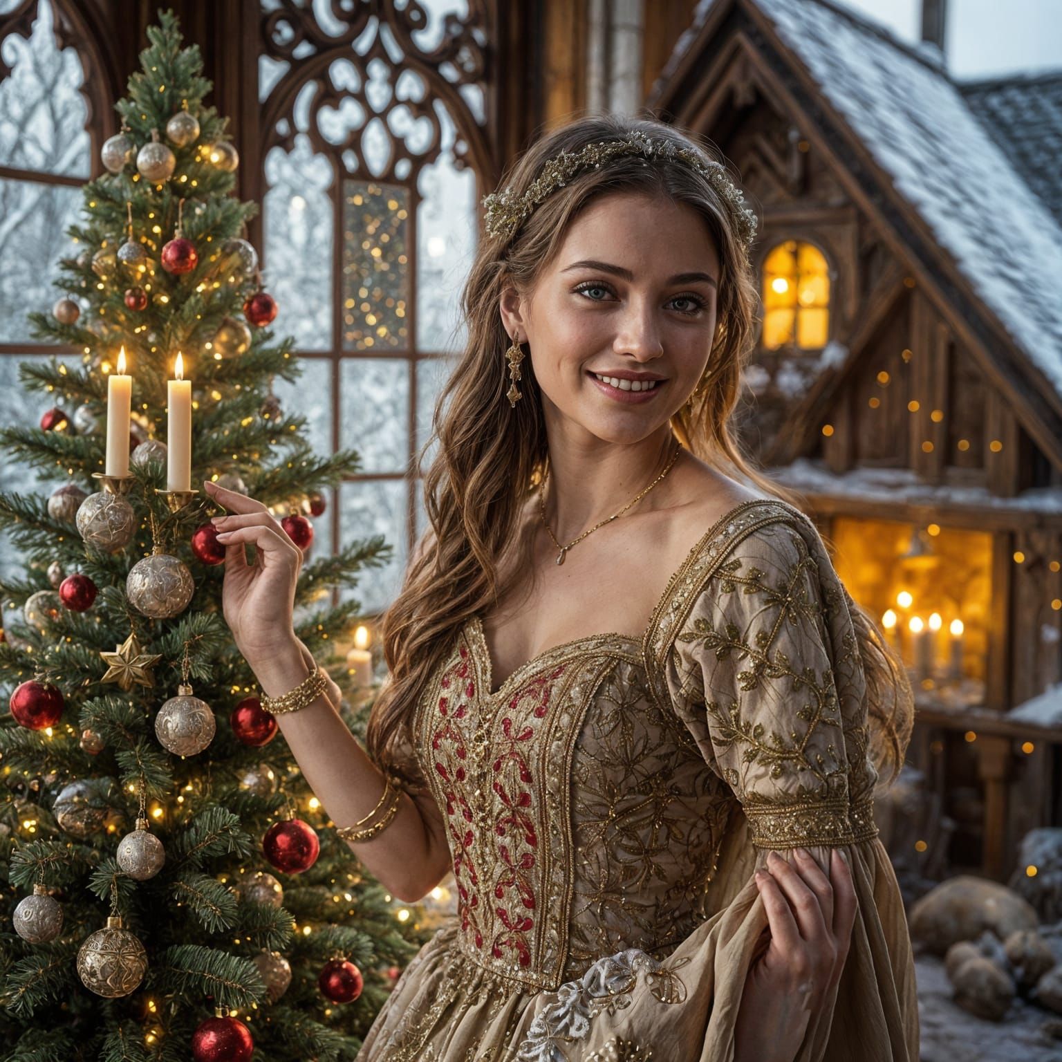 Woman Decorating Christmas Tree in Medieval House