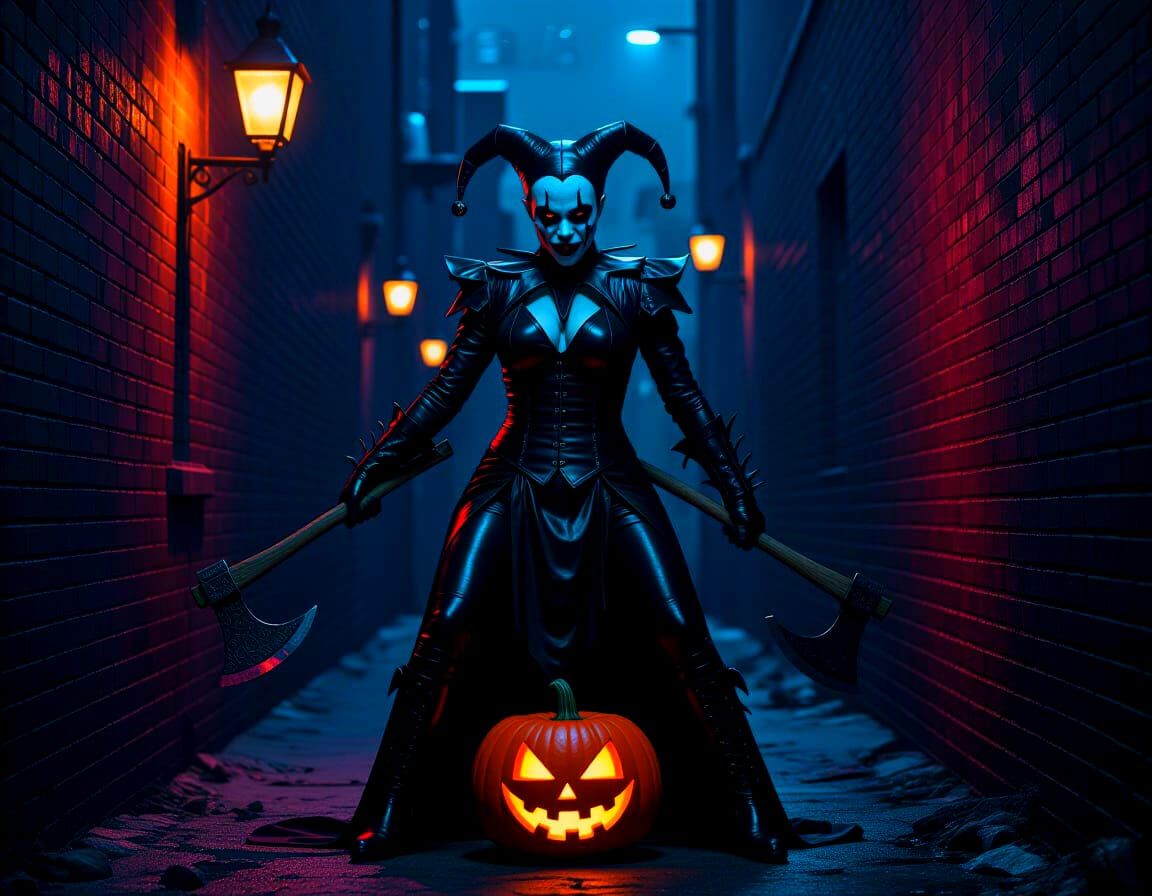 Gothic Jester Wields Axe in Neon Alley