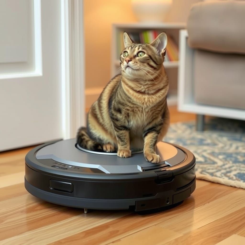Cat Rides a Robot Vacuum Cleaner
