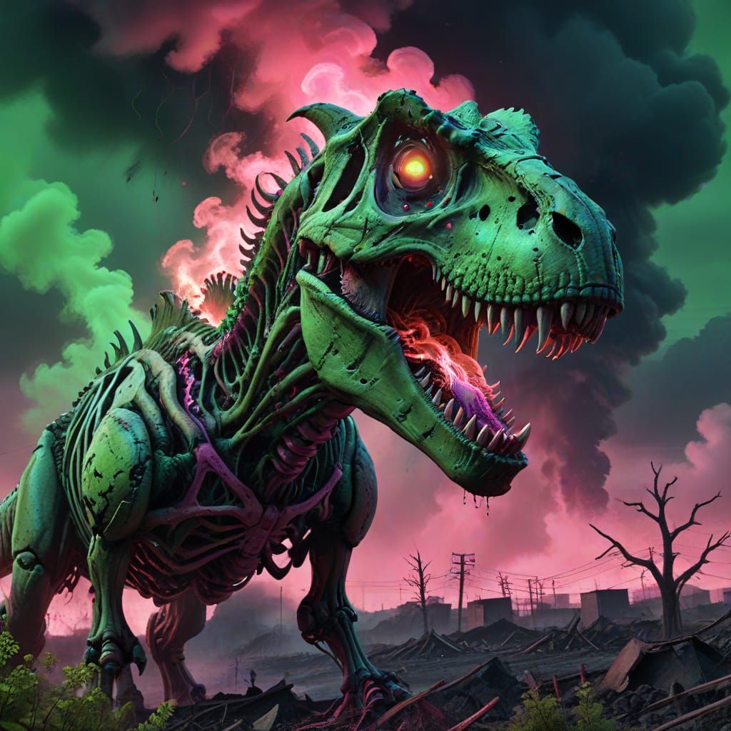 a skeleton T-Rex that glows from toxic waste with a wastelan...