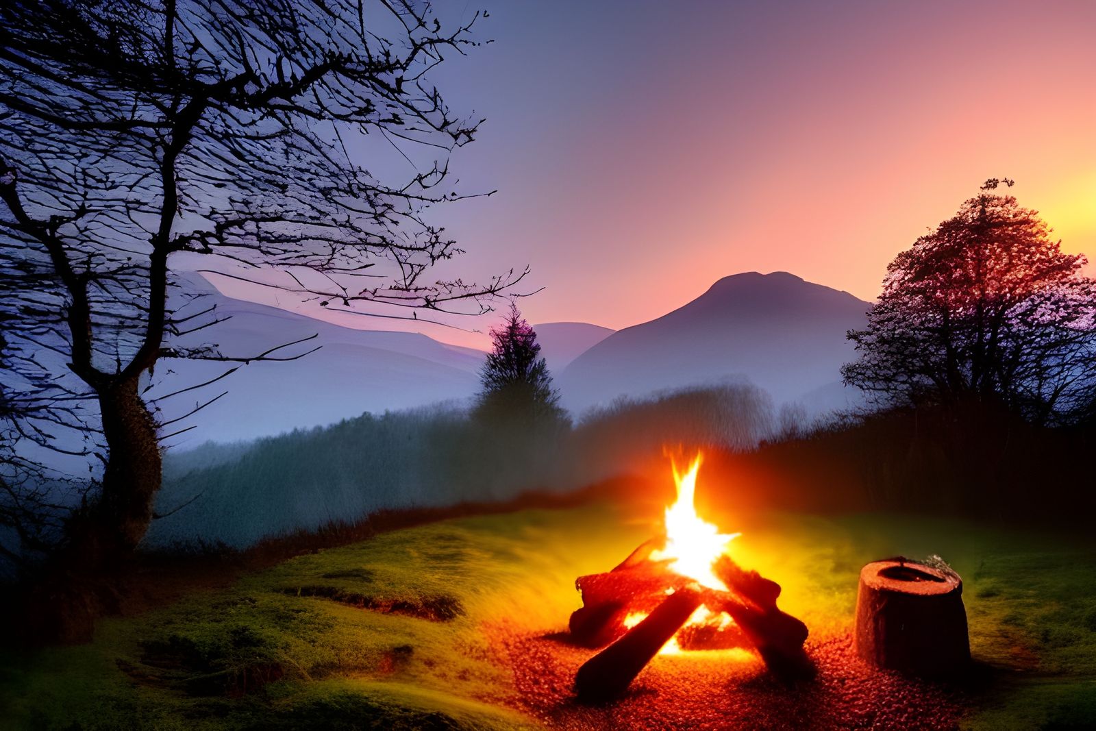Quaint Cottage Campfire in Winter Landscape